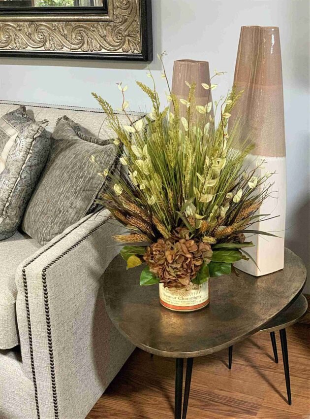 Fall Hydrangea and Grass Arrangement in a Glass Label Vase - Image 2